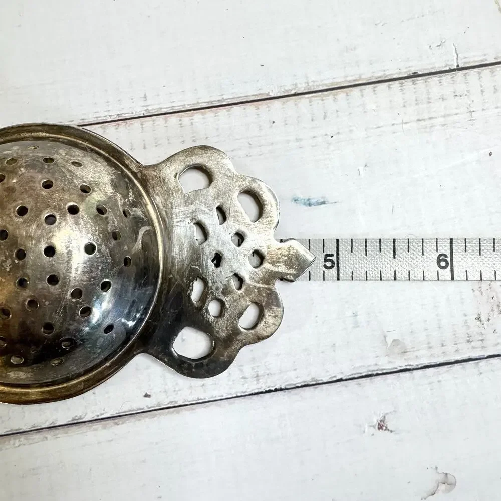 Vtg Silver Plated Tea Strainer Handle Over the Cup Pierced Open Work Art Deco